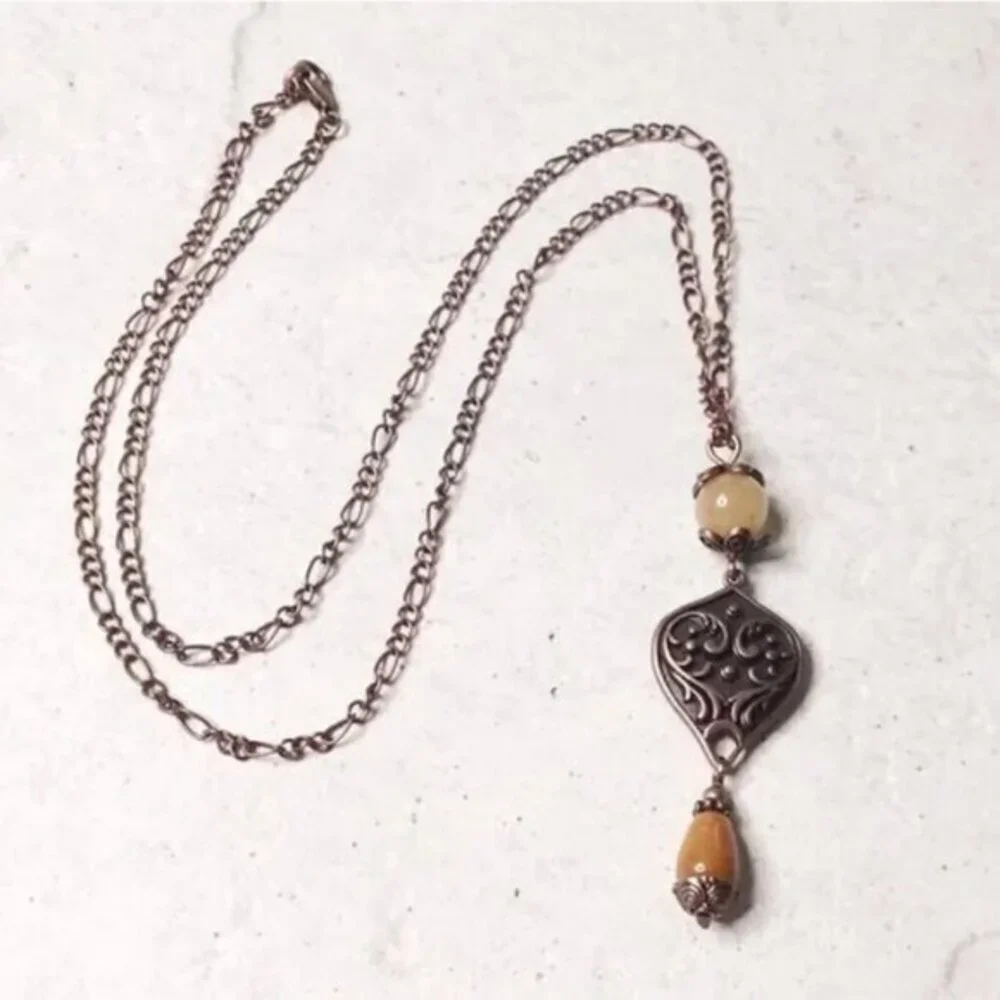 Copper Drop Y Necklace • Honey Brown Gemstones • Ornate Boho Spring Statement